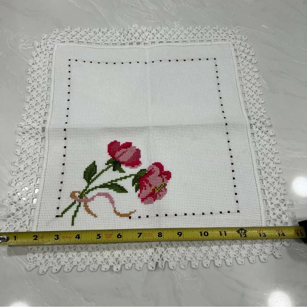 Hand made Floral Cross Stitch Embroidered Floral Accent with White Trim Cottage
